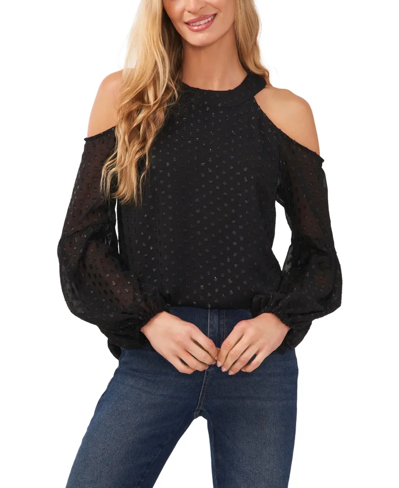 CeCe Women's Lurex Clip Dot Cold Shoulder Blouse