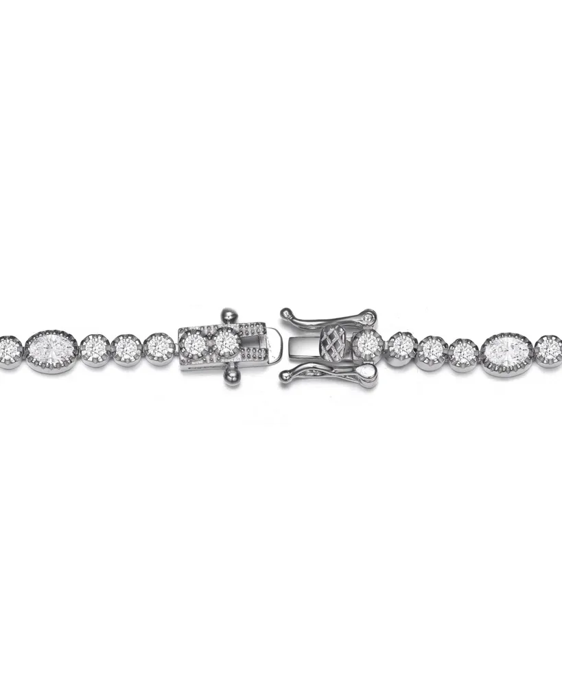 Genevive Sterling Silver with Rhodium Plated Clear Round and Oval Cubic Zirconia Bezel Set Tennis Bracelet