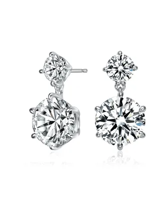 Genevive Sterling Silver with Rhodium Plated Clear Round Cubic Zirconia Two Stone Drop Earrings