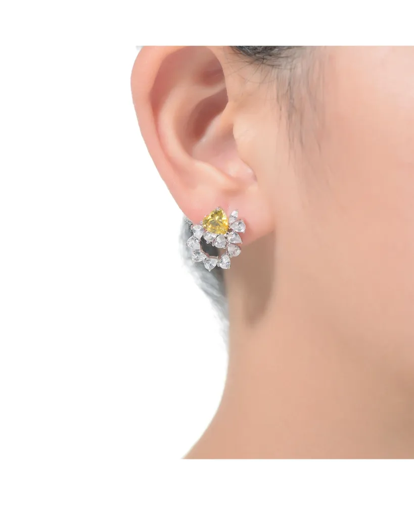 Genevive Sterling Silver Rhodium Plated Yellow Cubic Zirconia Floral Stud Butterfly Earrings