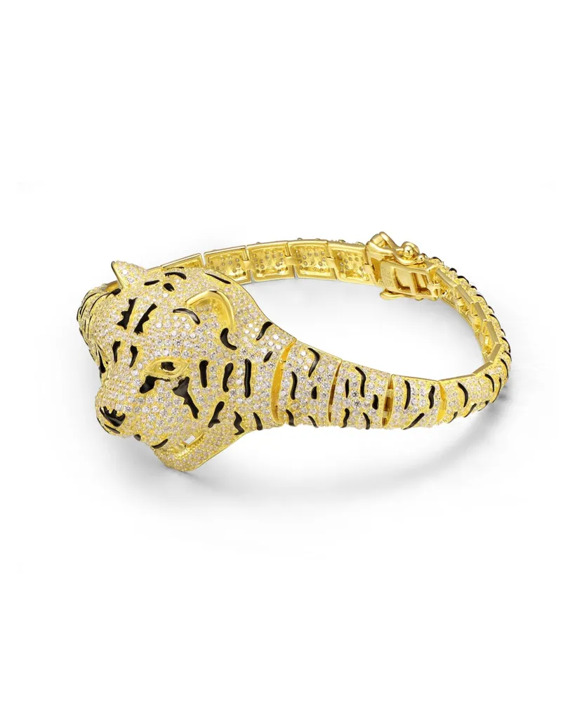 Genevive 14k Yellow Gold Plated with Cubic Zirconia Leopard Bangle Bracelet in Sterling Silver