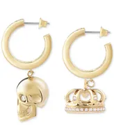 Philipp Plein Gold-Tone Ip Stainless Steel Pave 3D $kull & Crown Mismatch Charm Baguette Crystal Hoop Earrings