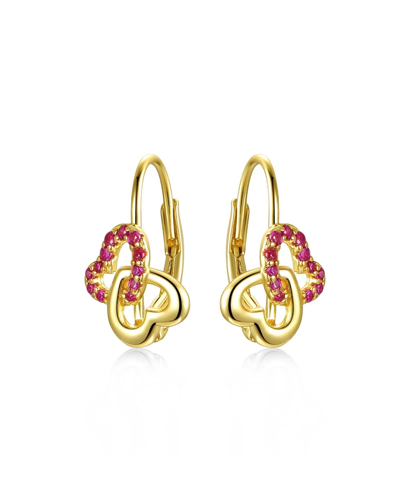 Genevive Radiant Double Heart Halo Drop Leverback Earrings for Kids/Teens in Sterling Silver with 14k Yellow Gold Plating and Red Accents