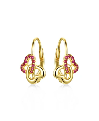 Genevive Radiant Double Heart Halo Drop Leverback Earrings for Kids/Teens in Sterling Silver with 14k Yellow Gold Plating and Ruby Accents