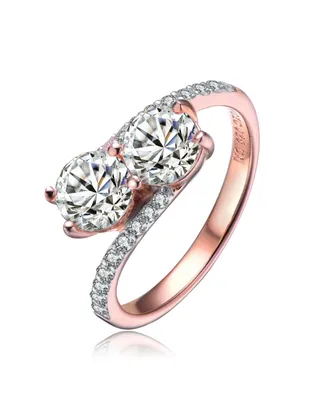 Genevive Sterling Silver with Rose Gold Plated Two Clear Round Cubic Zirconias Partial Pave Twisted Style 
