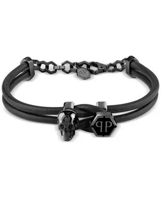 Philipp Plein Black-Tone Stainless Steel 3D $kull & Logo Leather Flex Bracelet