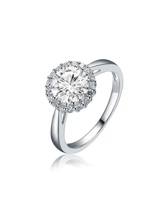 Genevive Sterling Silver with Rhodium Plated Halo Round Clear Cubic Zirconia Solitaire Ring