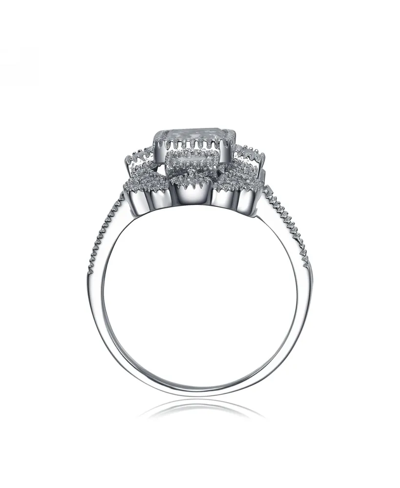 Genevive Exquisite Sterling Silver Rhodium-Plated Cubic Zirconia Cocktail Ring