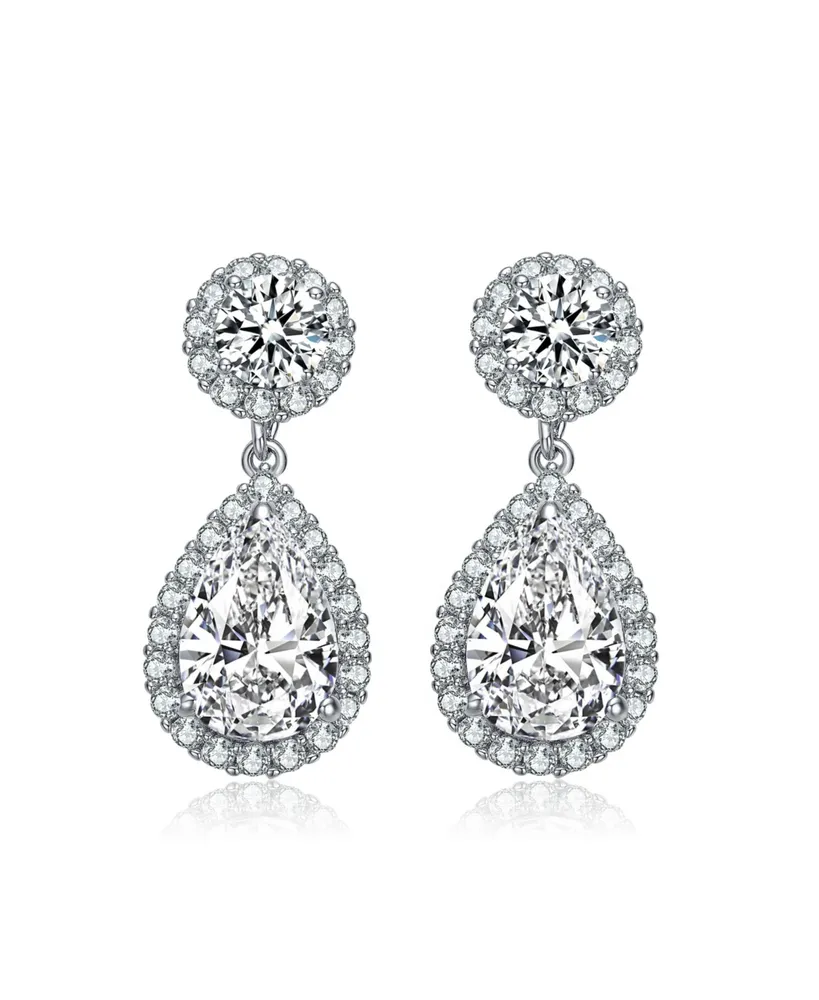Genevive Sterling Silver with Rhodium Plated Clear Pear and Round Cubic Zirconia with Halo Drop Earrings