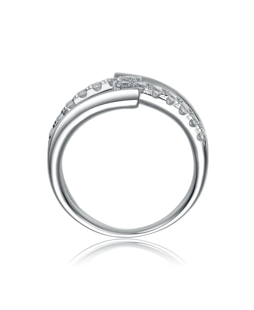 Genevive Rhodium-Plated with Cubic Zirconia Criss-Cross Sparkling Arc Ring in Sterling Silver