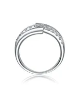 Rhodium-Plated with Cubic Zirconia Criss-Cross Sparkling Arc Ring in Sterling Silver