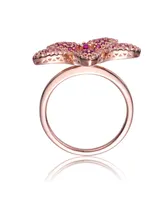 Genevive Sterling Silver 18K Rose Plated Clear and Ruby Cubic Zirconia Flower Coctail Ring