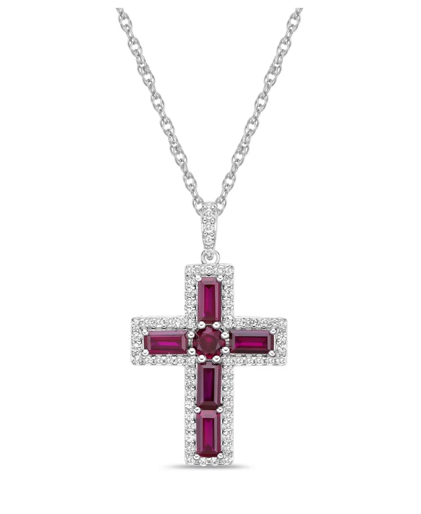 Sterling Silver Halo Birthstone Style Lab Grown Ruby and Lab Grown White Sapphire Fancy Cut Cross Pendant Necklace