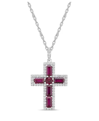 Sterling Silver Halo Birthstone Style Lab Grown Ruby and Lab Grown White Sapphire Fancy Cut Cross Pendant Necklace