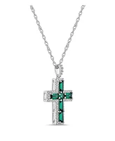 Sterling Silver Halo Birthstone Style Lab Grown Emerald and Lab Grown White Sapphire Fancy Cut Cross Pendant Necklace