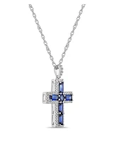 Sterling Silver Halo Birthstone Style Lab Grown Blue Sapphire and Lab Grown White Sapphire Fancy Cut Cross Pendant Necklace