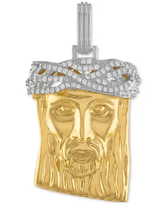 Esquire Men's Jewelry Cubic Zirconia Jesus Portrait Pendant in Sterling Silver & 14k Gold-Plate, Created for Macy's