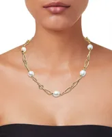 Cultured Freshwater Pearl (9-3/4 x 10-3/4mm) Oval Link 18" Collar Necklace in 14k Gold-Plated Sterling Silver