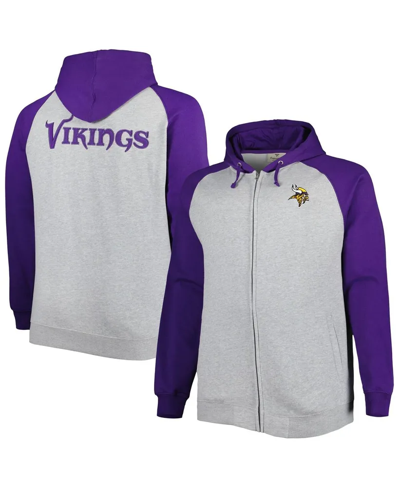 Men's Heather Gray Minnesota Vikings Big and Tall Fleece Raglan Full-Zip Hoodie Jacket