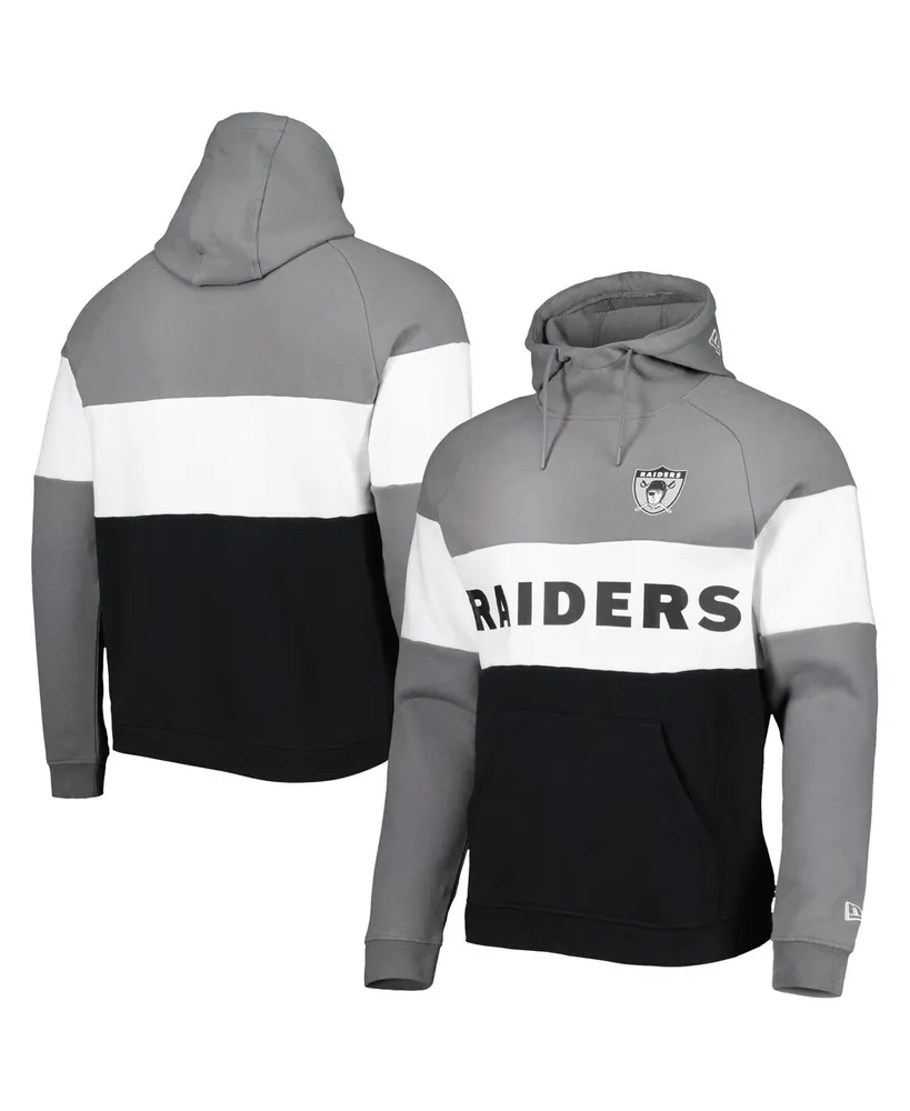 Men's New Era Black and Silver Las Vegas Raiders Colorblock Throwback Pullover Hoodie