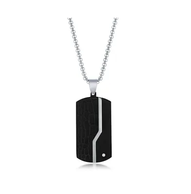 Mens Stainless Steel Black Pebbled Single Cz Dog Tag Necklace