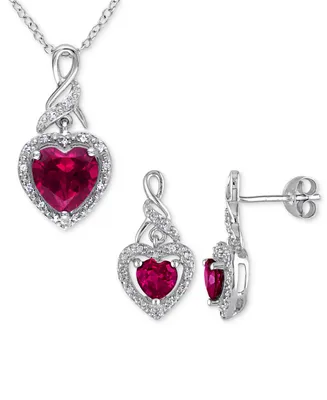 2-Pc. Set Lab-Grown Ruby (4 ct. t.w.) & Diamond (1/4 ct. t.w.) Heart Halo Pendant Necklace and Matching Drop Earrings in Sterling Silver
