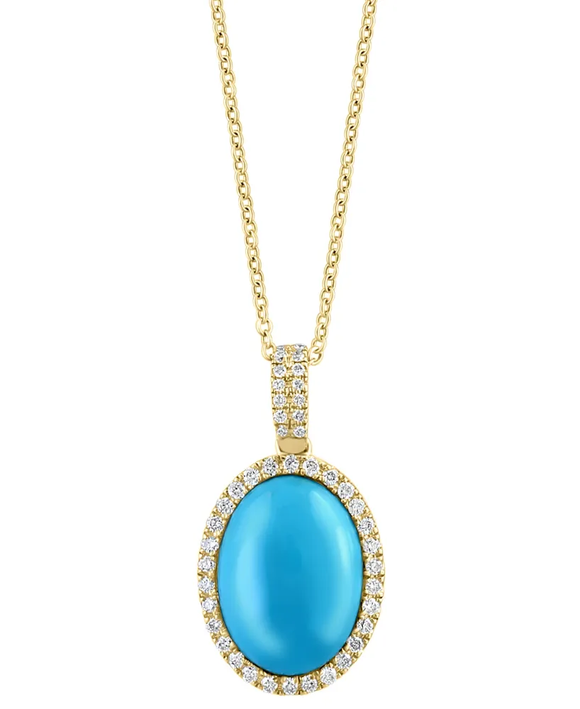 Effy Turquoise & Diamond (1/4 ct. t.w.) Oval Halo 18" Pendant Necklace in 14k Gold