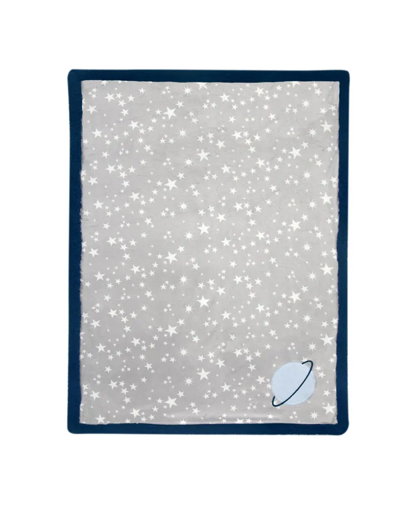 Lambs & Ivy Milky Way Gray/Blue Stars and Planet Minky/Faux Shearling Soft Baby Blanket