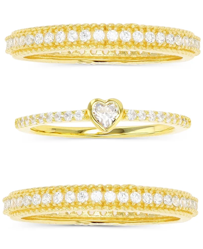 3-Pc. Set Cubic Zirconia Heart Motif Stack Rings in 14k Gold-Plated Sterling Silver