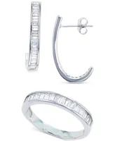 2-Pc Set Cubic Zirconia Baguette Ring & Matching J-Hoop Earrings Sterling Silver