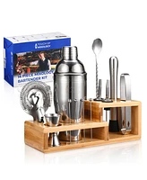 Touch of Mixology Premium 14 Piece Stainless Steel Bartender Kit with Bamboo Stand