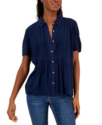 Style & Co Petite Pintuck Short-Sleeve Button-Front Shirt, Created for Macy's