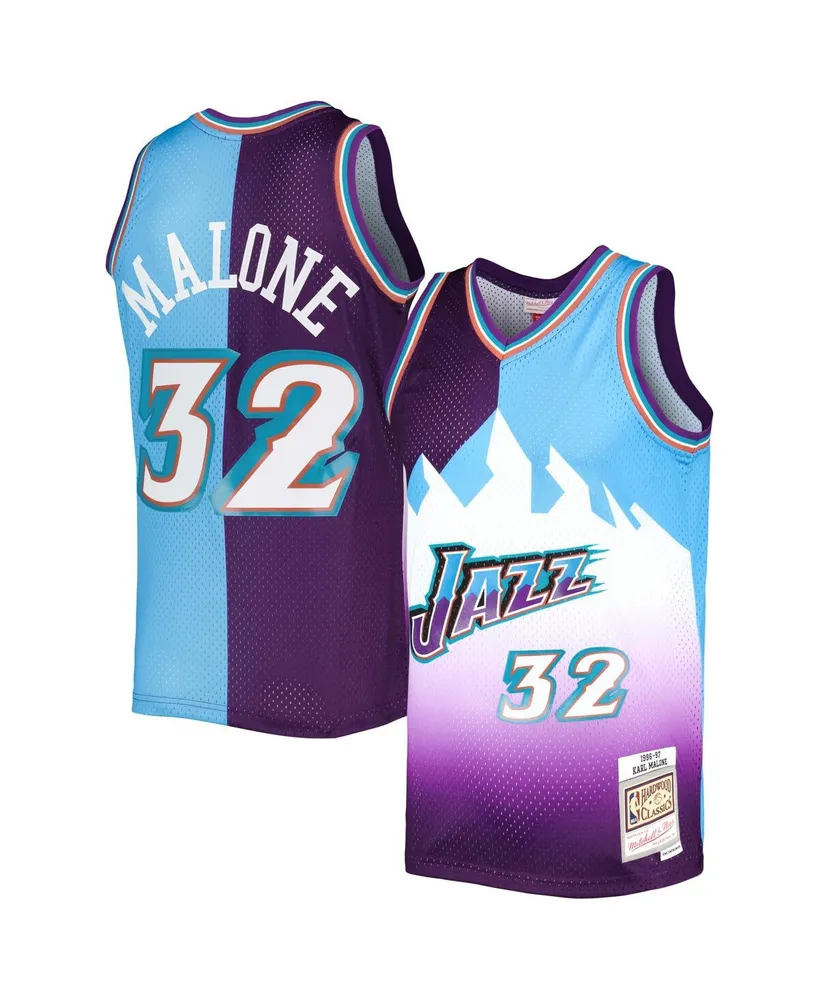 Men's Mitchell & Ness Karl Malone Purple, Turquoise Utah Jazz Hardwood Classics 1996-97 Split Swingman Jersey