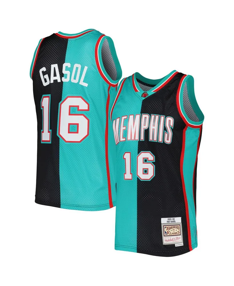 Men's Mitchell & Ness Pau Gasol Black/Turquoise Memphis Grizzlies Hardwood Classics 2001-02 Split Swingman Jersey