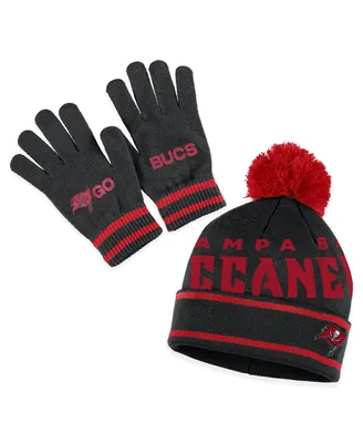 Women's Wear by Erin Andrews Black Tampa Bay Buccaneers Double Jacquard Cuffed Knit Hat with Pom and Gloves Set