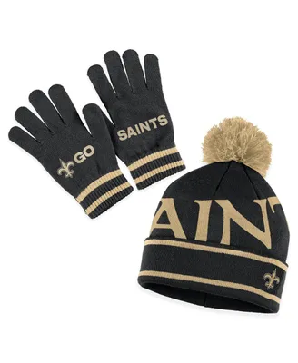 Women's Wear by Erin Andrews Black New Orleans Saints Double Jacquard Cuffed Knit Hat with Pom and Gloves Set