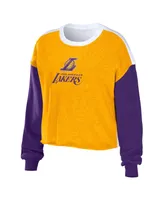 Women's Wear by Erin Andrews Heather Gold Los Angeles Lakers Mixed Letter Cropped Pullover Sweatshirt