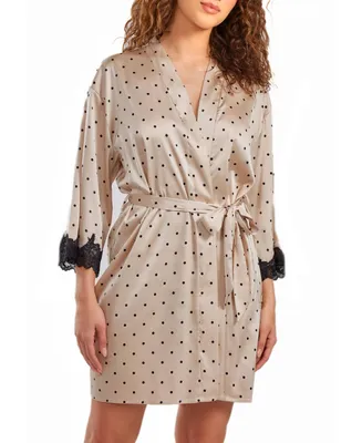 iCollection Women's Kareen Dotted Satin Robe with Lace Trimmed Sleeves and Self Tie Sash