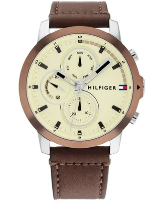 Tommy Hilfiger Men's Multifunction Brown Leather Strap Watch 46mm