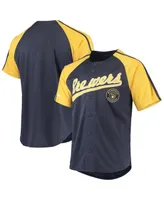 Men's Stitches Navy Milwaukee Brewers Button-Down Raglan Replica Jersey