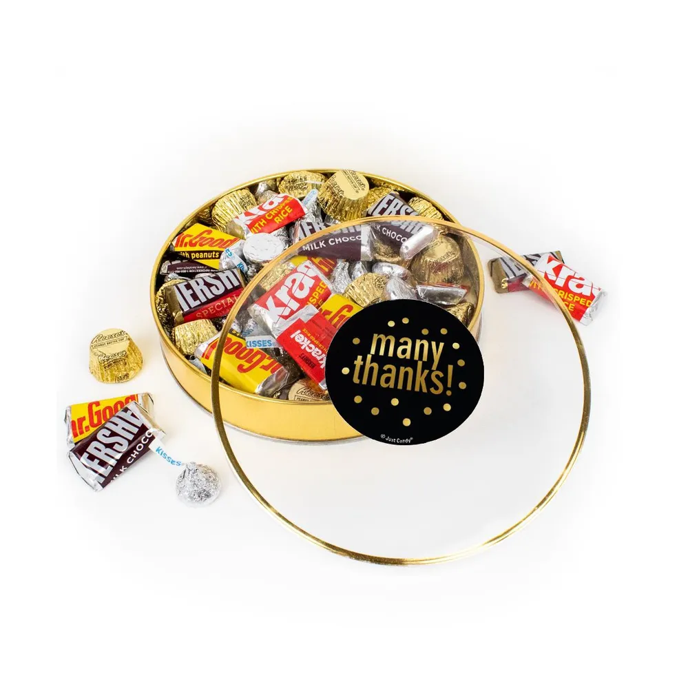 Thank You Candy Gift Tin - Plastic Tin with Hershey's Kisses, Hershey's Miniatures & Reese's Peanut Butter Cups - Assorted Pre