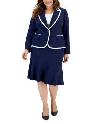 Le Suit Plus Size Crepe Single Button Blazer and Flounce Pencil Skirt