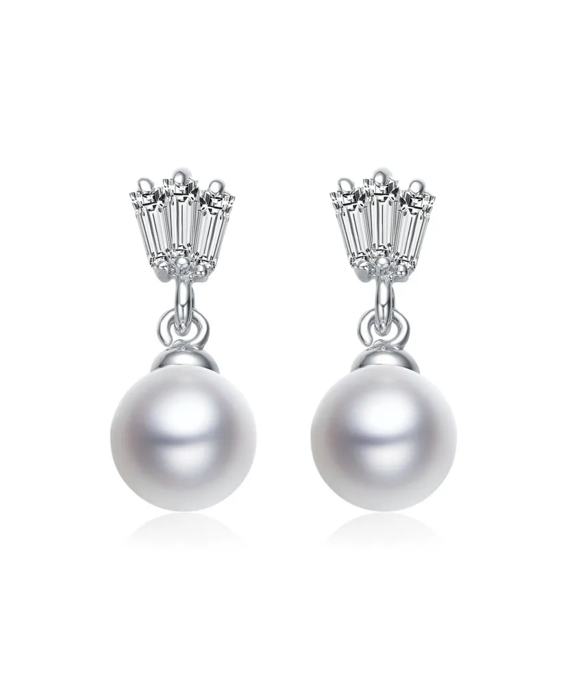 Genevive Gv Sterling Silver White Gold Plated White Round Freshwater Pearl with Clear Baguette Cubic Zirconia Drop Earrings