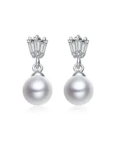 Genevive Gv Sterling Silver White Gold Plated White Round Freshwater Pearl with Clear Baguette Cubic Zirconia Drop Earrings