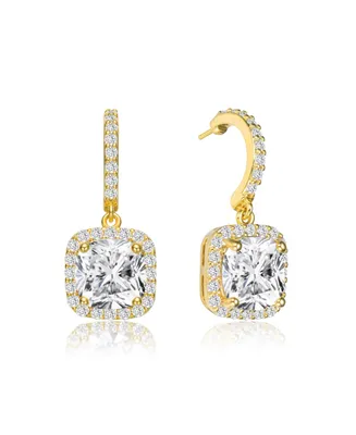 Genevive Gv Sterling Silver with Gold Plated Clear Cushion with Round Cubic Zirconia Halo Drop Earrings