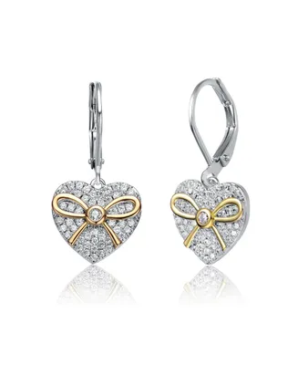 Genevive Gv Sterling Silver White Gold Plated Two Tone with Clear Cubic Zirconia Leaverback Earrings
