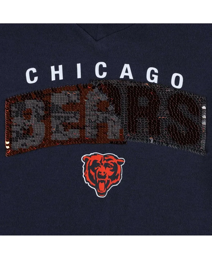 Big Girls New Era Navy Chicago Bears Reverse Sequin Wordmark V-Neck T-shirt