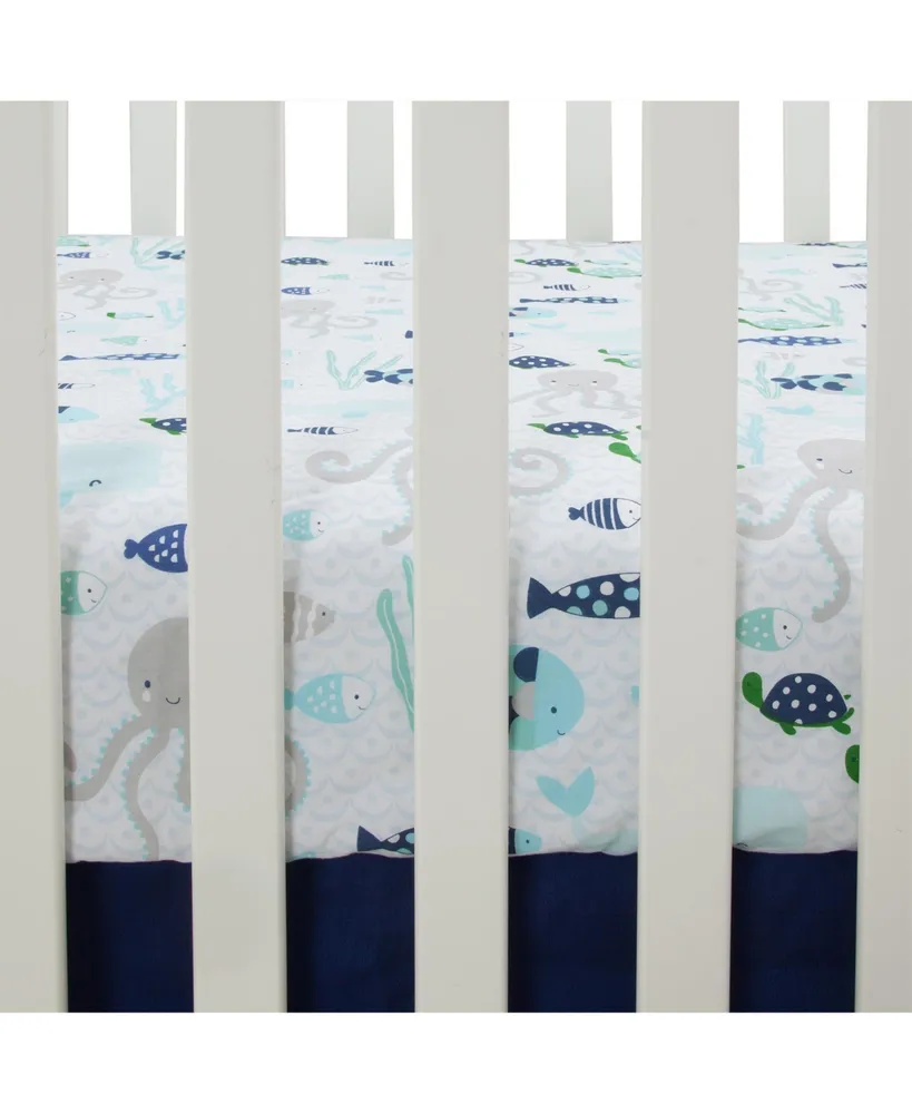 Lambs & Ivy Oceania 100% Cotton Blue/Gray/White Whale with Octopus and Fish Nautical Ocean Theme Fitted Crib Sheet