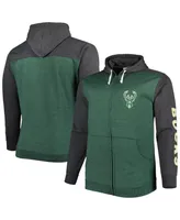 Men's Fanatics Heathered Hunter Green, Heathered Black Milwaukee Bucks Big and Tall Down and Distance Full-Zip Hoodie