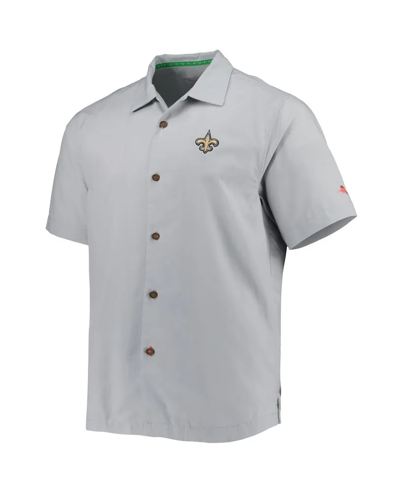 Men's Tommy Bahama Gray New Orleans Saints Coconut Point Frondly Fan Camp IslandZone Button-Up Shirt